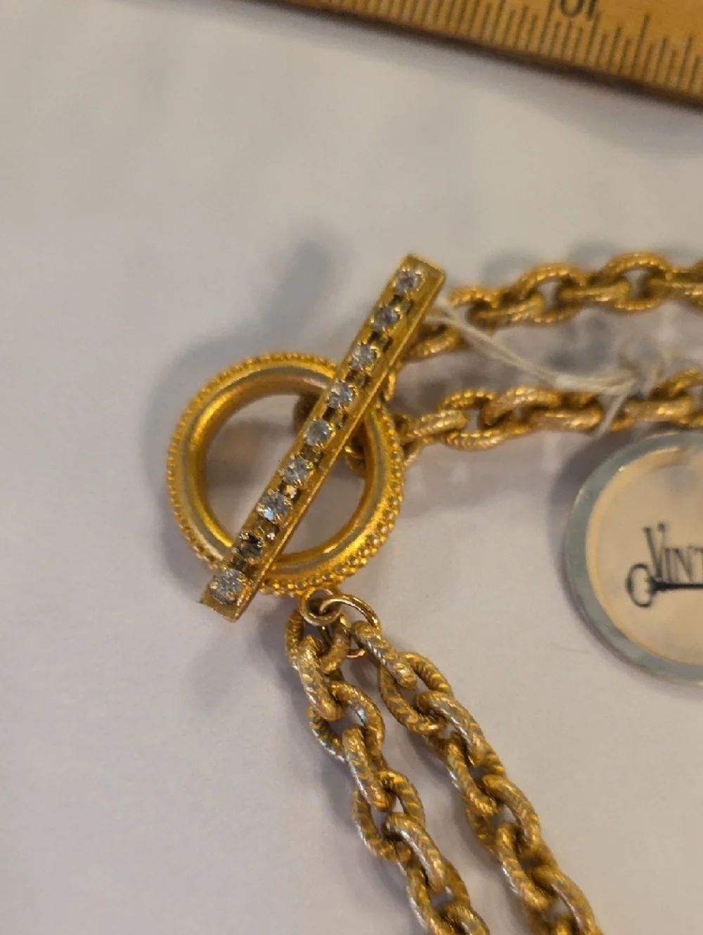 Gold-Tone Vintahe Crystal Statement Necklace - Clear Crystal Pendant - Picture 3 of 8